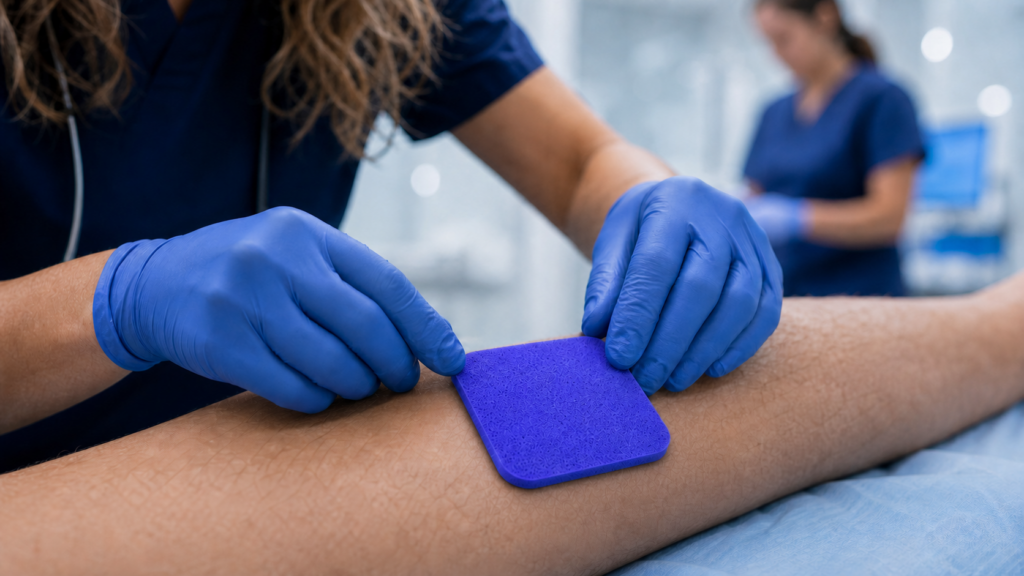 Clinician applying a Hydrofera Blue CLASSIC dressing
