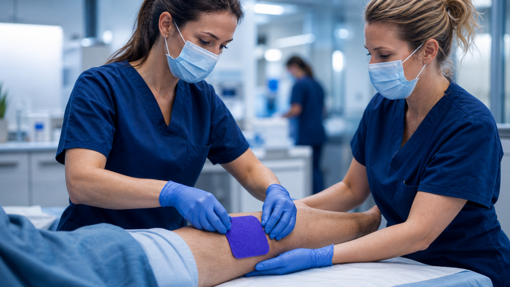 Clinician applying a Hydrofera Blue dressing in a care setting