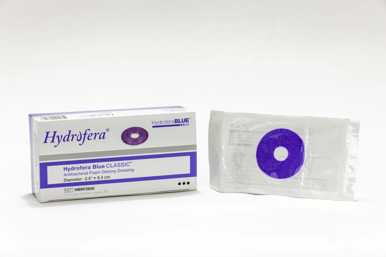 Hydrofera Blue CLASSIC Ostomy box and packaged dressing