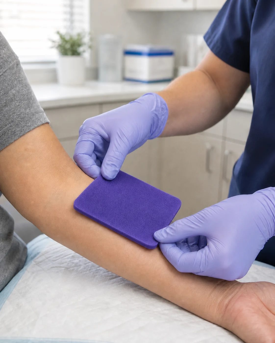 Clinician applying a Hydrofera Blue TRANSFER dressing to a patient forearm