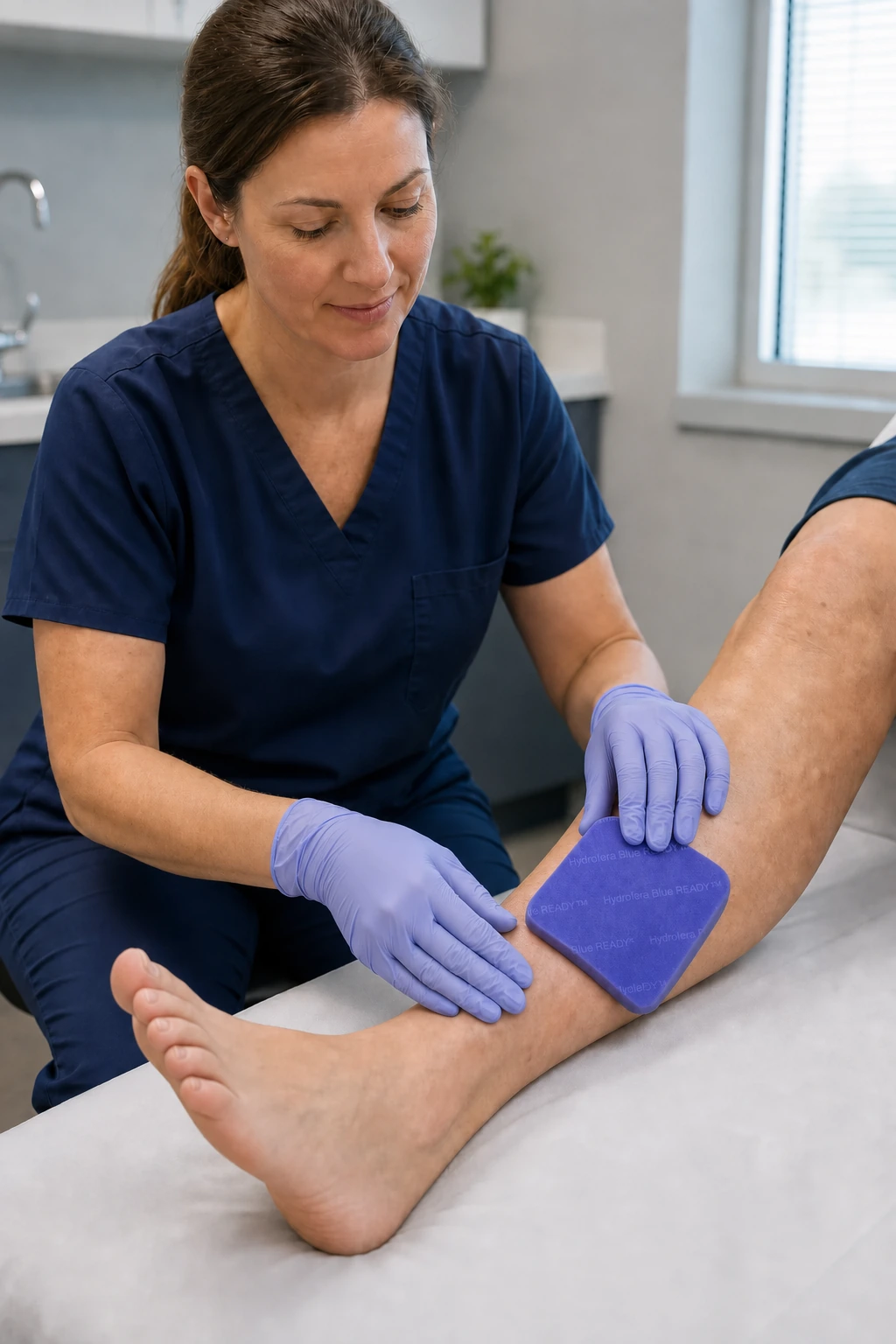 Clinician applying a Hydrofera Blue READY dressing to a patient lower leg
