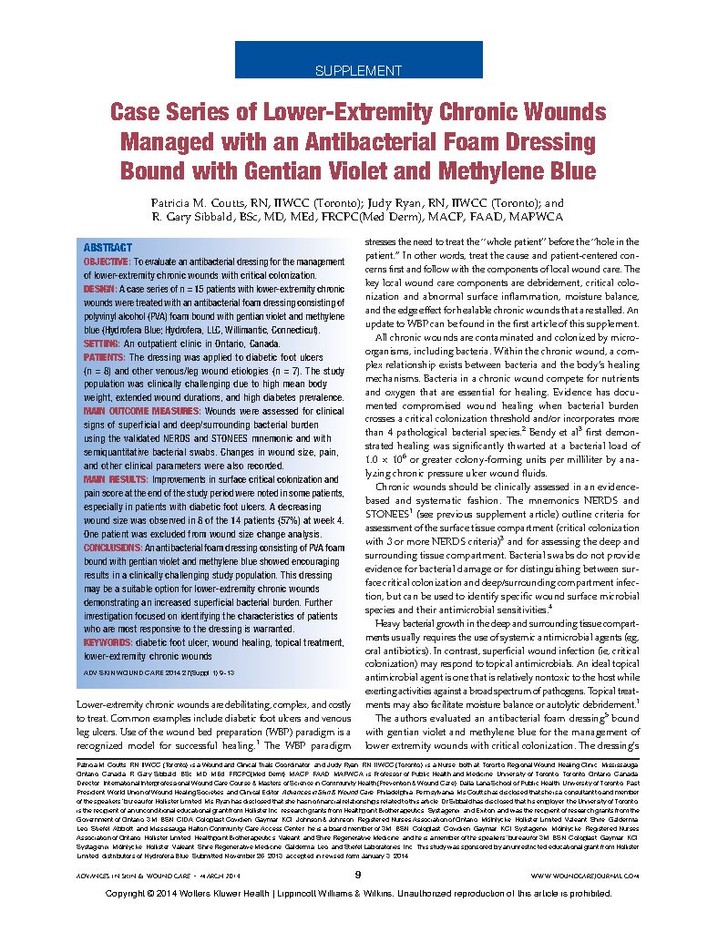 Cover preview for Case Series of Lower-Extremity Chronic Wounds Managed with an Antibacterial Foam Dressing Bound with Gentian Violet and Methylene Blue