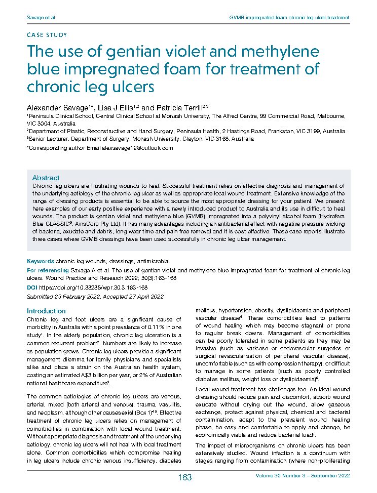Cover preview for The Use of Gentian Violet and Methylene Blue Impregnated Foam for Treatment of Chronic Leg Ulcers