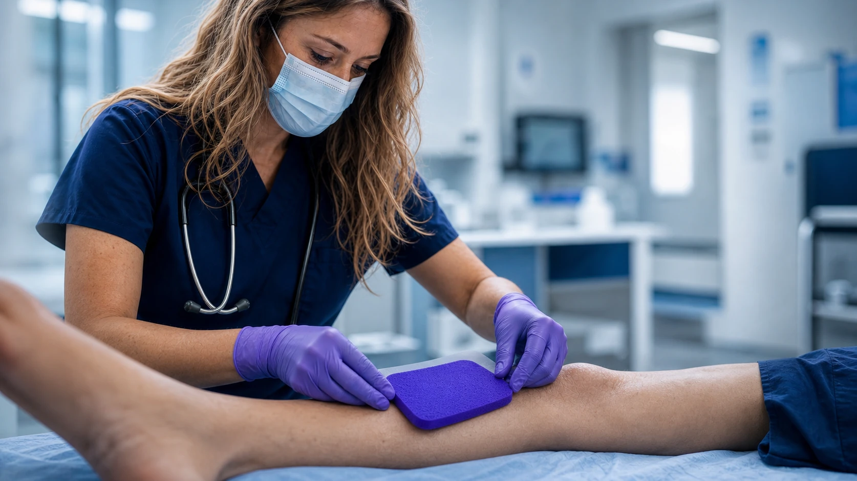 Clinician applying Hydrofera Blue CLASSIC Heavy Drainage dressing to a patient lower leg