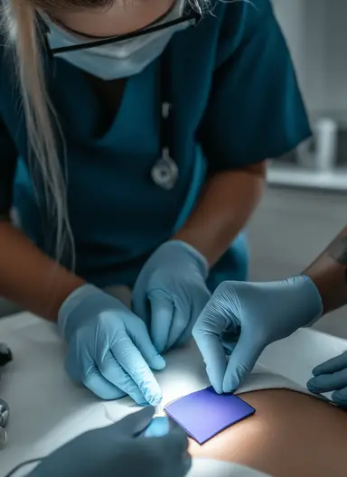 Healthcare professional in hospital setting demonstrating wound care treatment with Hydrofera Blue dressings